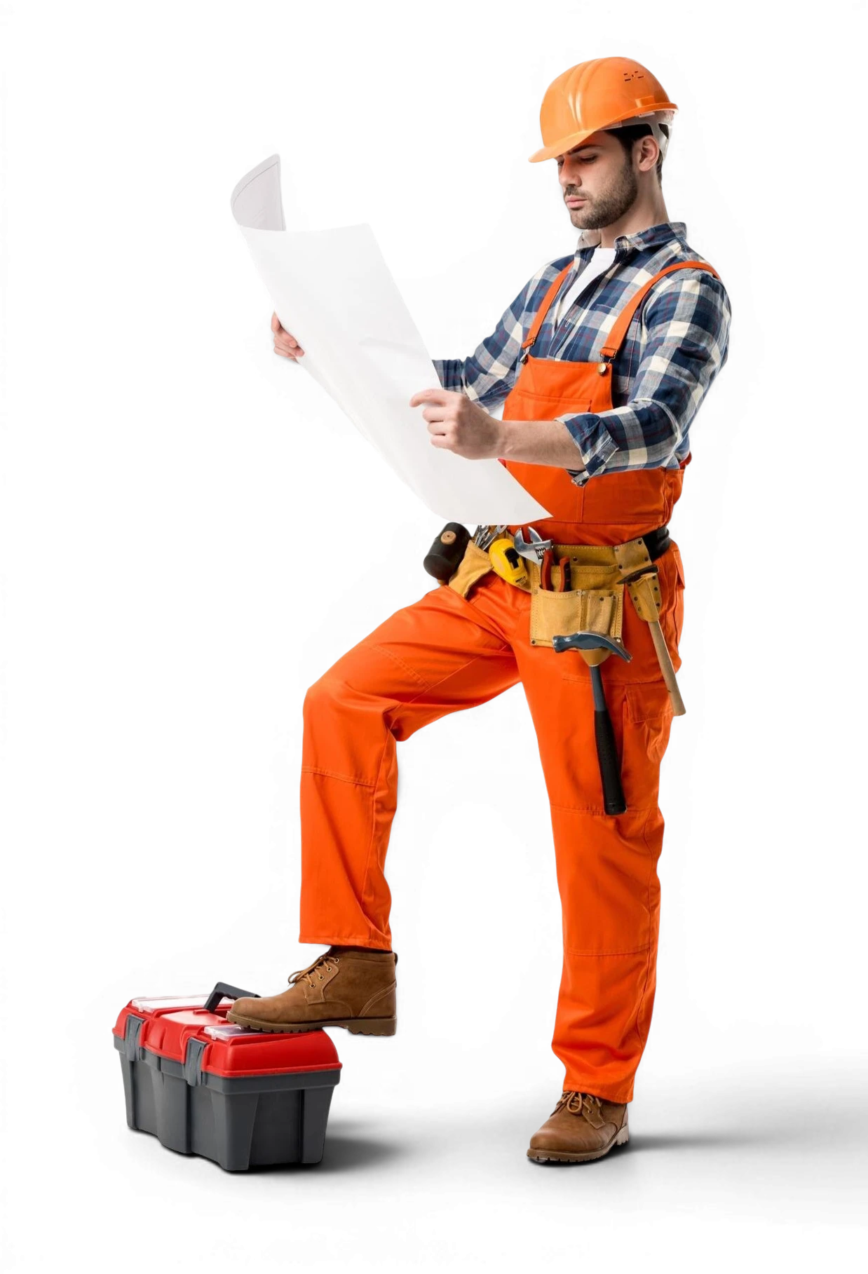 Roofer in safety gear reviewing plans